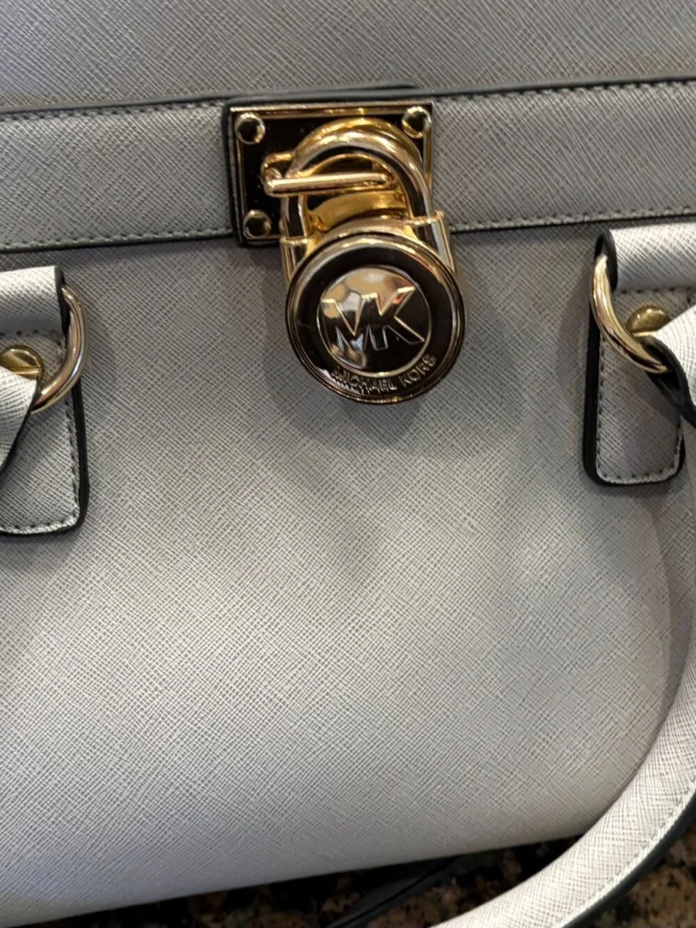 Michael Kors Hamilton Saffiano Leather Medium Satchel Light Grey Gold Hardware